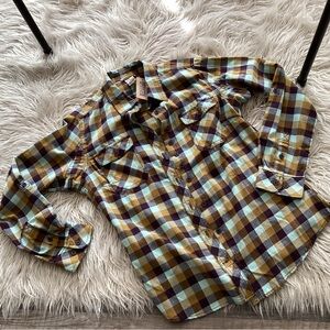 Duluth Trading Co Women's Plaid Button Down Shirt Blue, Brown, Yellow, Med. NEW